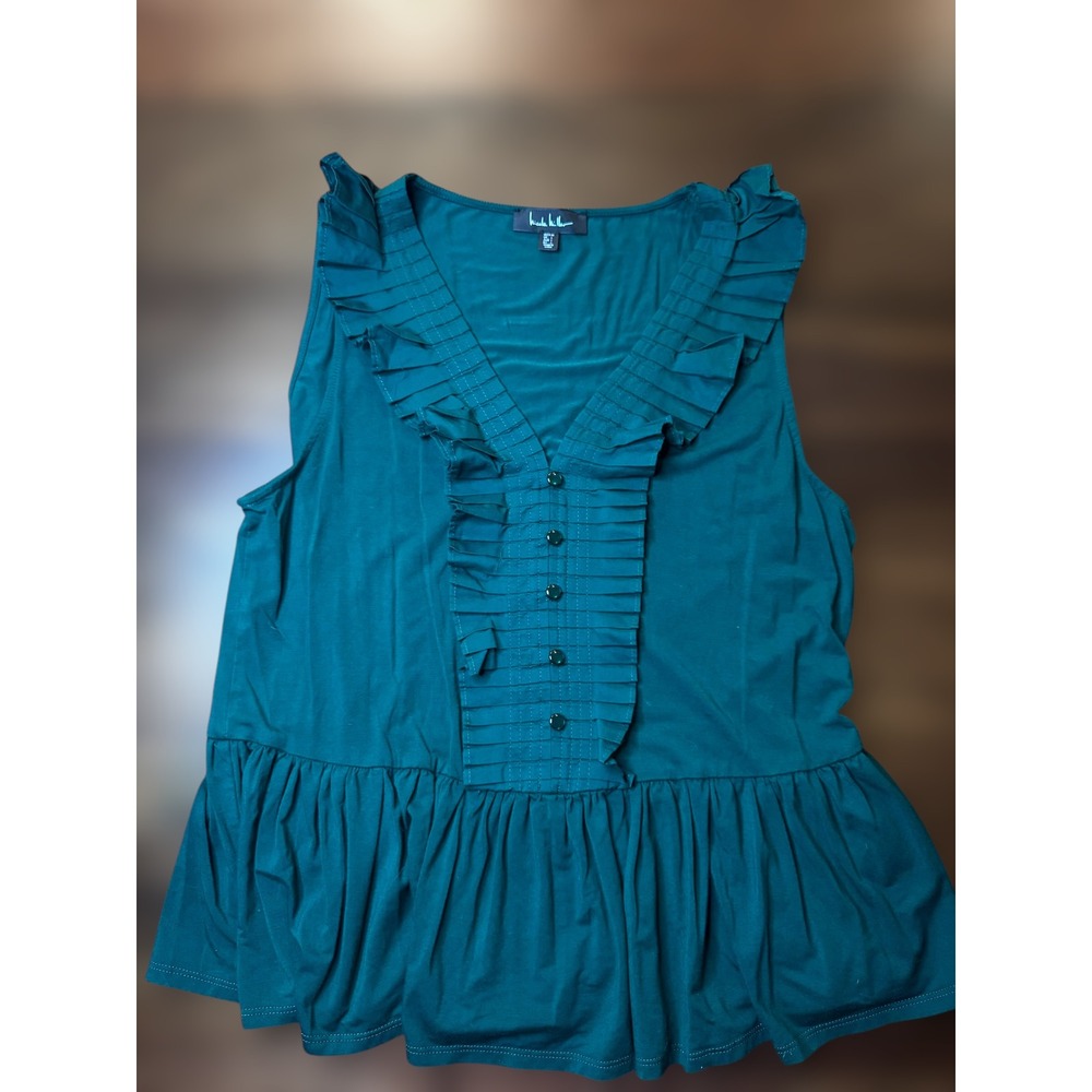 Nicole Miller Womens Top Medium Green Ruffle V Neck Sleeveless Peplum‎ Blouse